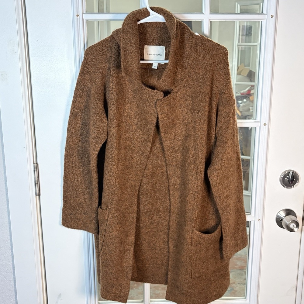 Thread & Supply Rust Brown Open Front Cardigan Coat Size Large Pockets Autumn
